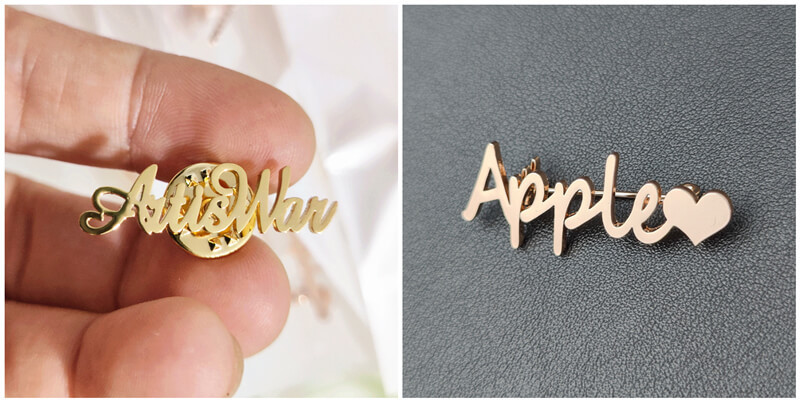 wholesale customized word fashion accessories manufacturers personalised gold brooch pin with name and heart 